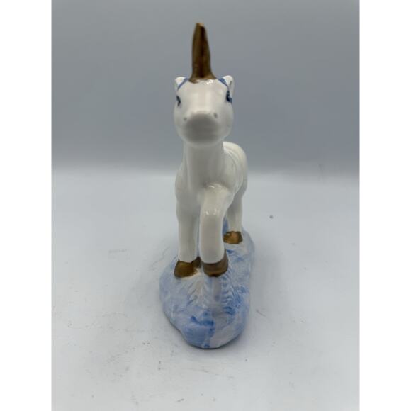 Vintage Ceramic Unicorn Figurine 5.5” Blue Mane Tail Gold Accents Glossy - Picture 2 of 7